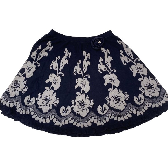 Roberta di Camerino Navy Knit Swing Floral Skirt Rhinestone Rosette Ruffled Hem - Picture 10 of 13